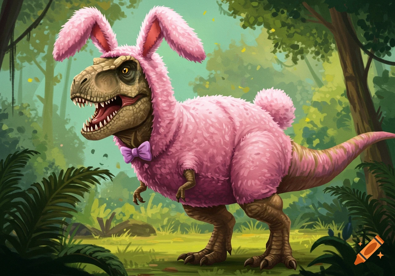 Illustration of a T-Rex dinosaur wearing a pink bunny costume with a bow tie in a forest.