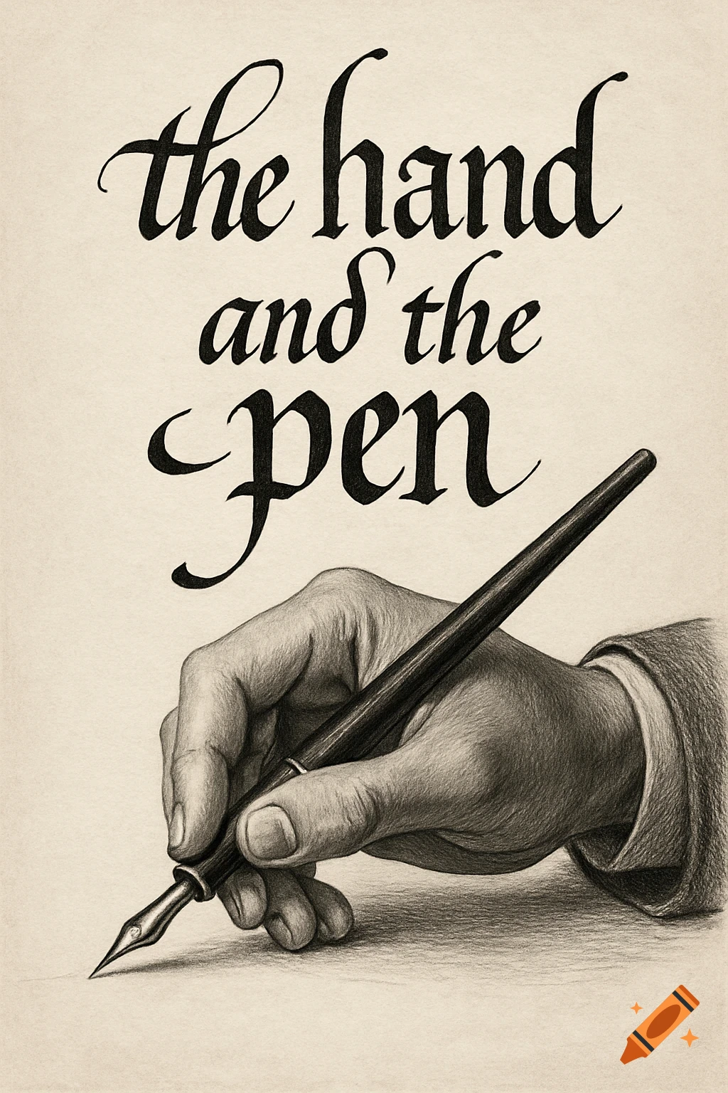 Pencil drawing of a hand writing with a pen below the text 'the hand and the pen' in calligraphy.