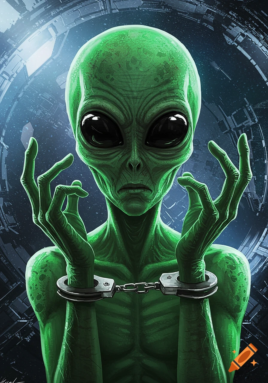 Green alien in handcuffs against a sci-fi background