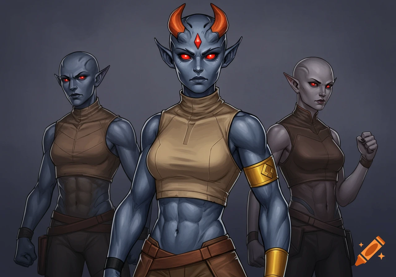 Three fantasy alien women with blue-gray skin, red eyes, pointed ears, and warrior attire stand together.