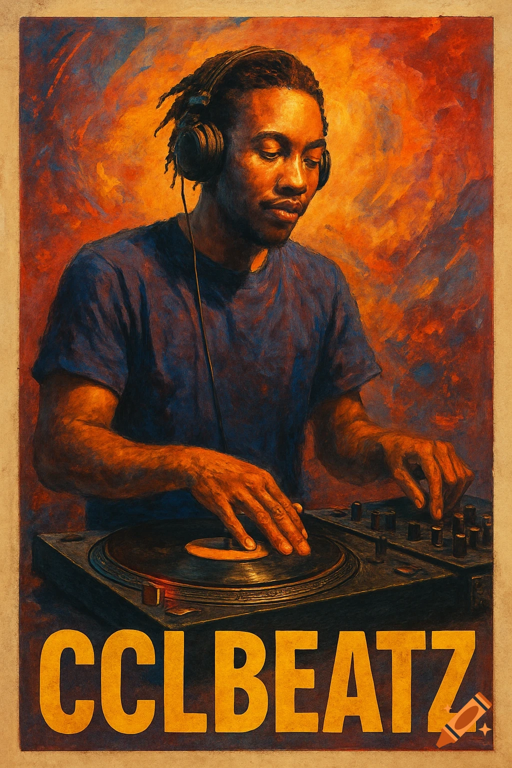 Painterly poster of a man with dreadlocks DJing on a turntable, with CCLBEATZ text