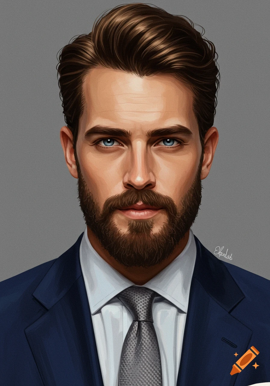 Digital painting close-up portrait of a man in a dark suit with a beard and blue eyes.
