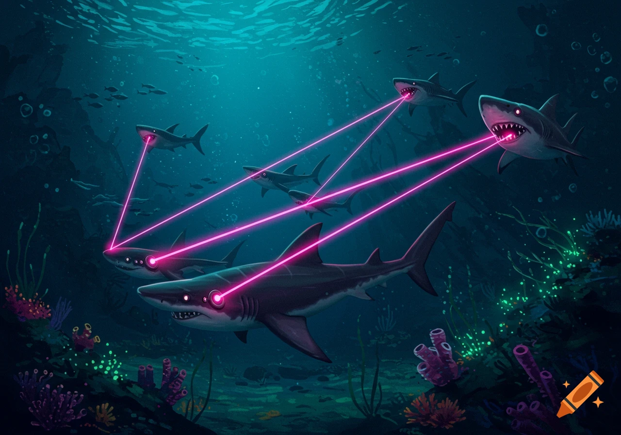 Illustration of sharks underwater shooting pink laser beams from their eyes and mouths.