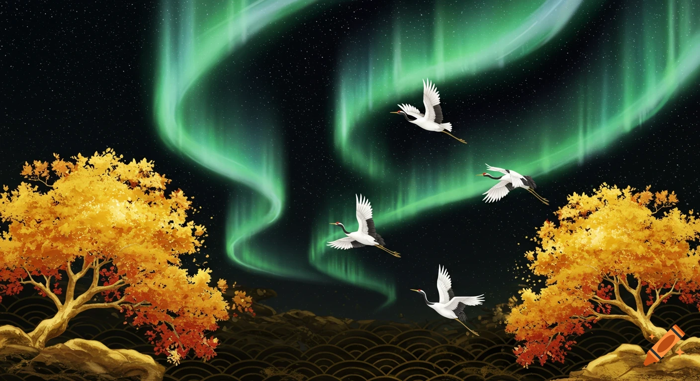 Cranes fly under the aurora borealis over golden Japanese trees at night.