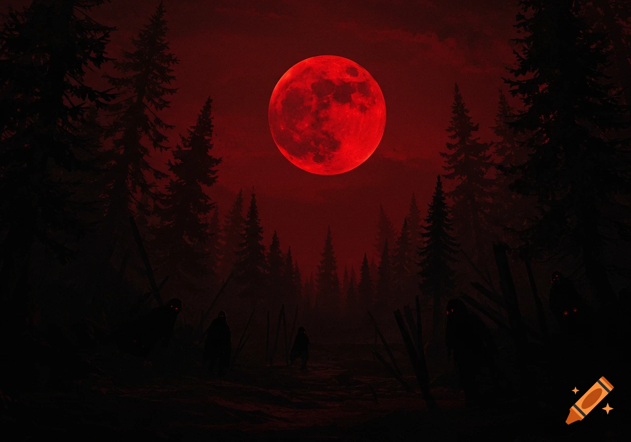 Large red blood moon hangs over a dark forest with silhouetted figures with red eyes.
