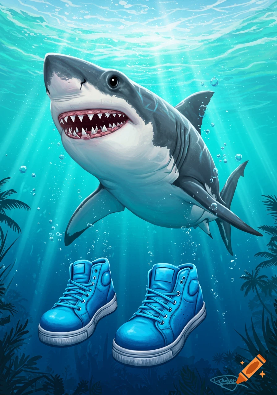 Cartoonish shark swims underwater above a pair of blue sneakers, sunlight streaming from the surface.