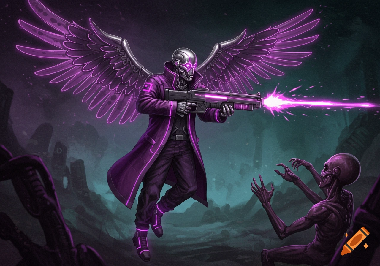 A cyborg with glowing purple wings and coat shoots a laser rifle at an alien in a dark sci-fi landscape.