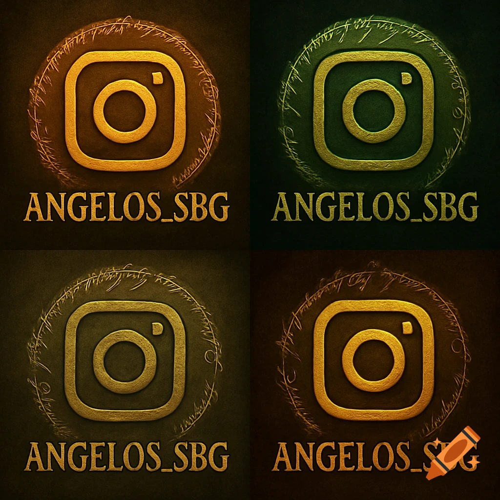 Four variations of an Instagram logo in a Lord of the Rings theme, with metallic text and Elvish script surrounding the logo icon.