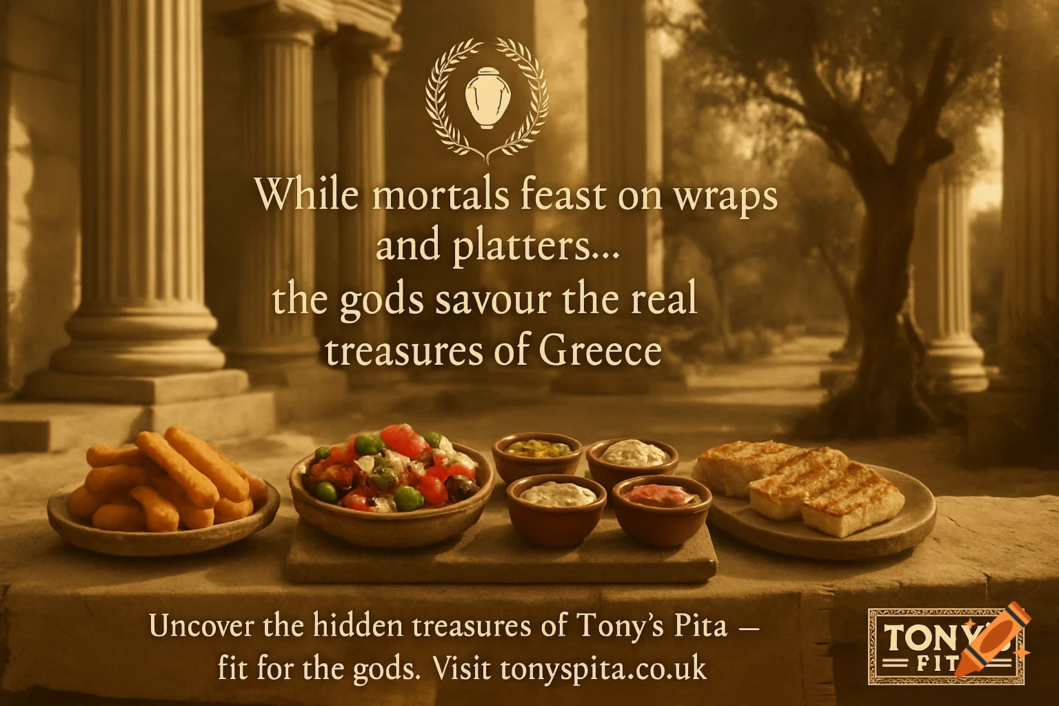 Greek food offerings like halloumi fries, salad, and dips displayed in an ancient temple setting with columns and text overlay.