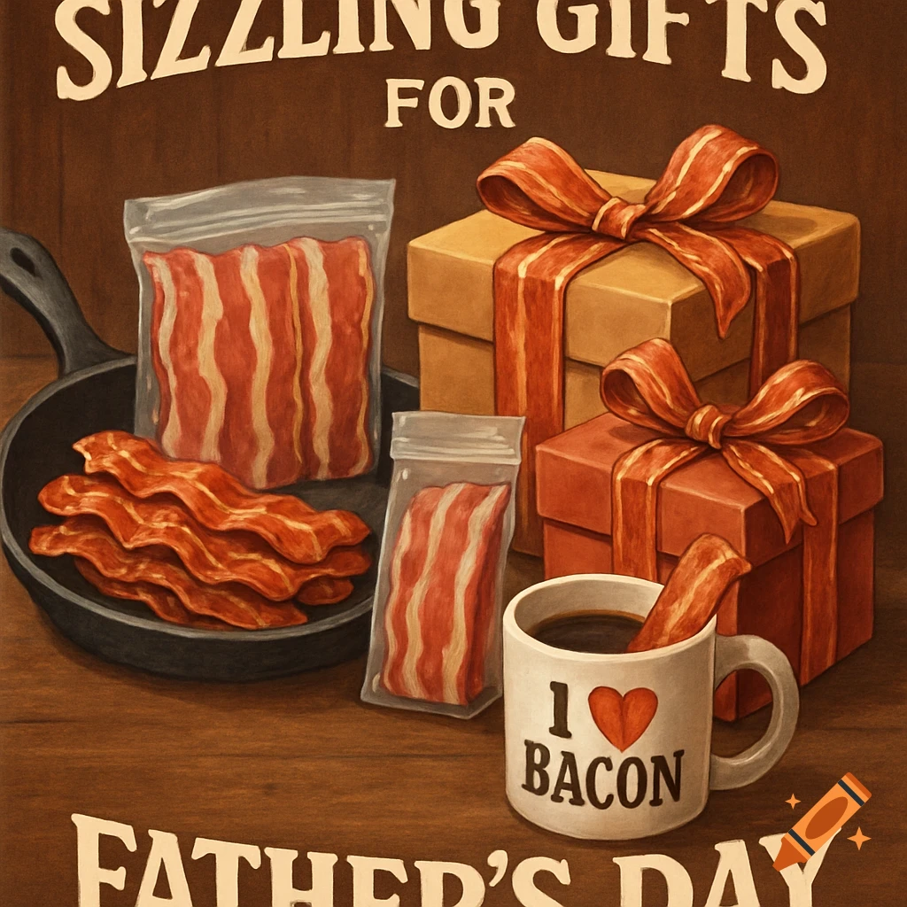 Still life with bacon in a pan, plastic bags, gift boxes, and a mug that says 'I ❤️ BACON'. Text says 'Sizzling Gifts for Father's Day'.
