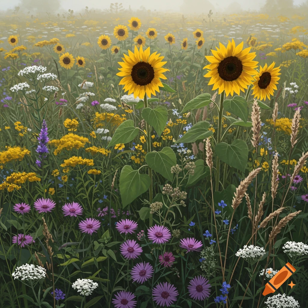 Field of wildflowers with sunflowers, purple asters, white yarrow, and yellow flowers under a misty sky.