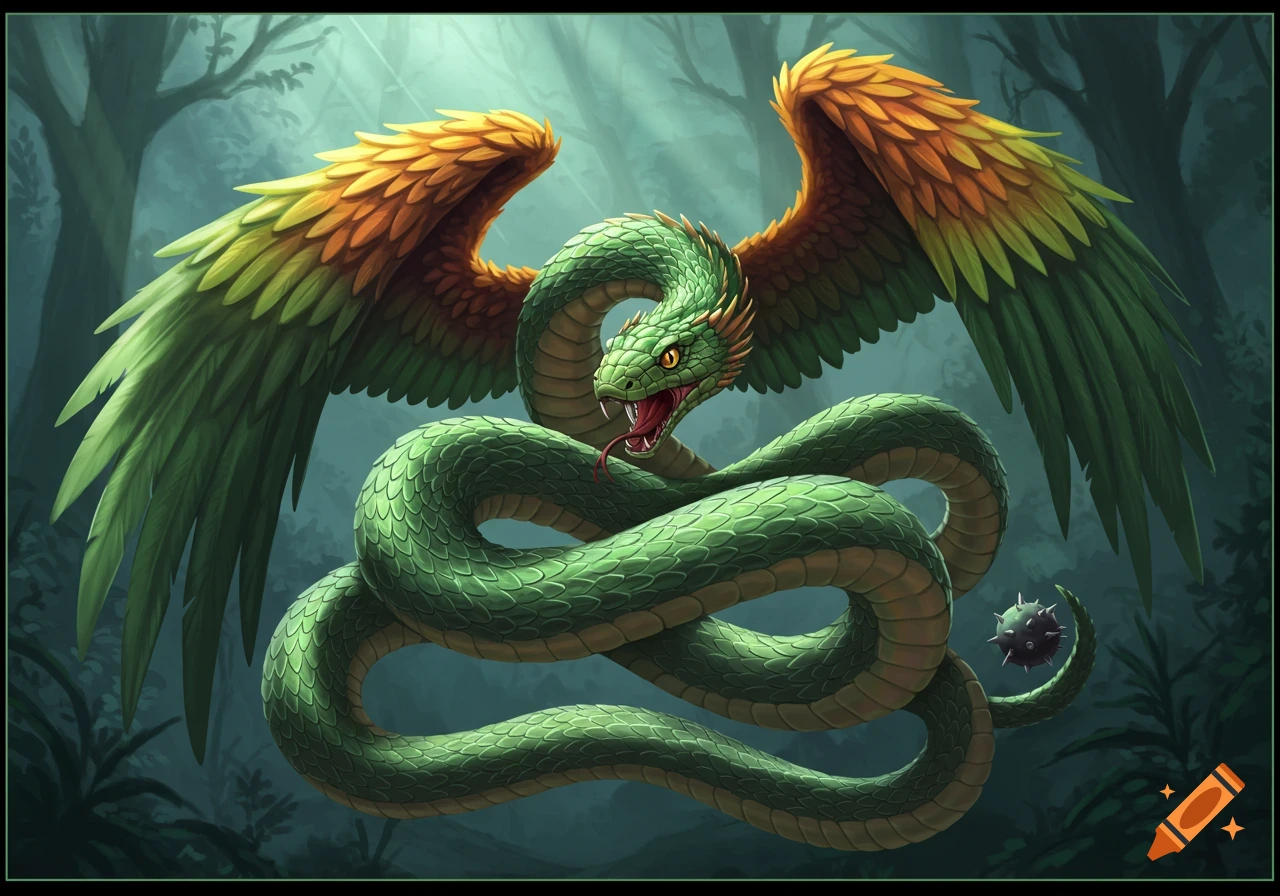 A fantasy illustration of a green snake with large orange and green feathered wings and a spiked tail, in a forest.