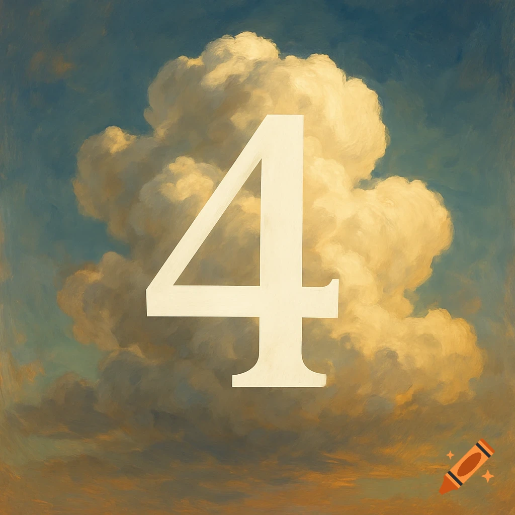 A white numeral 4 superimposed on a cloudy sky in a painting style.
