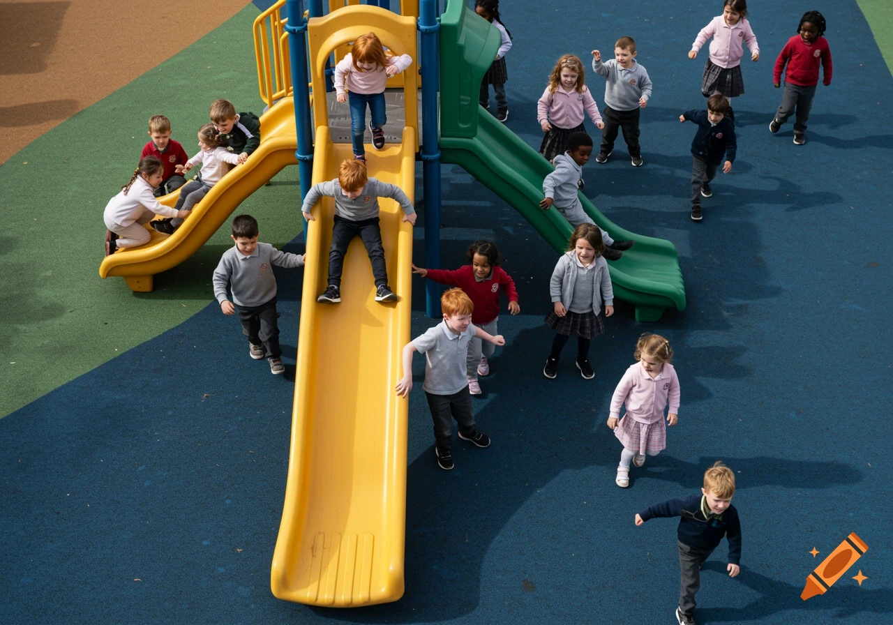 High-angle view of children playing on a yellow and green playground slide
