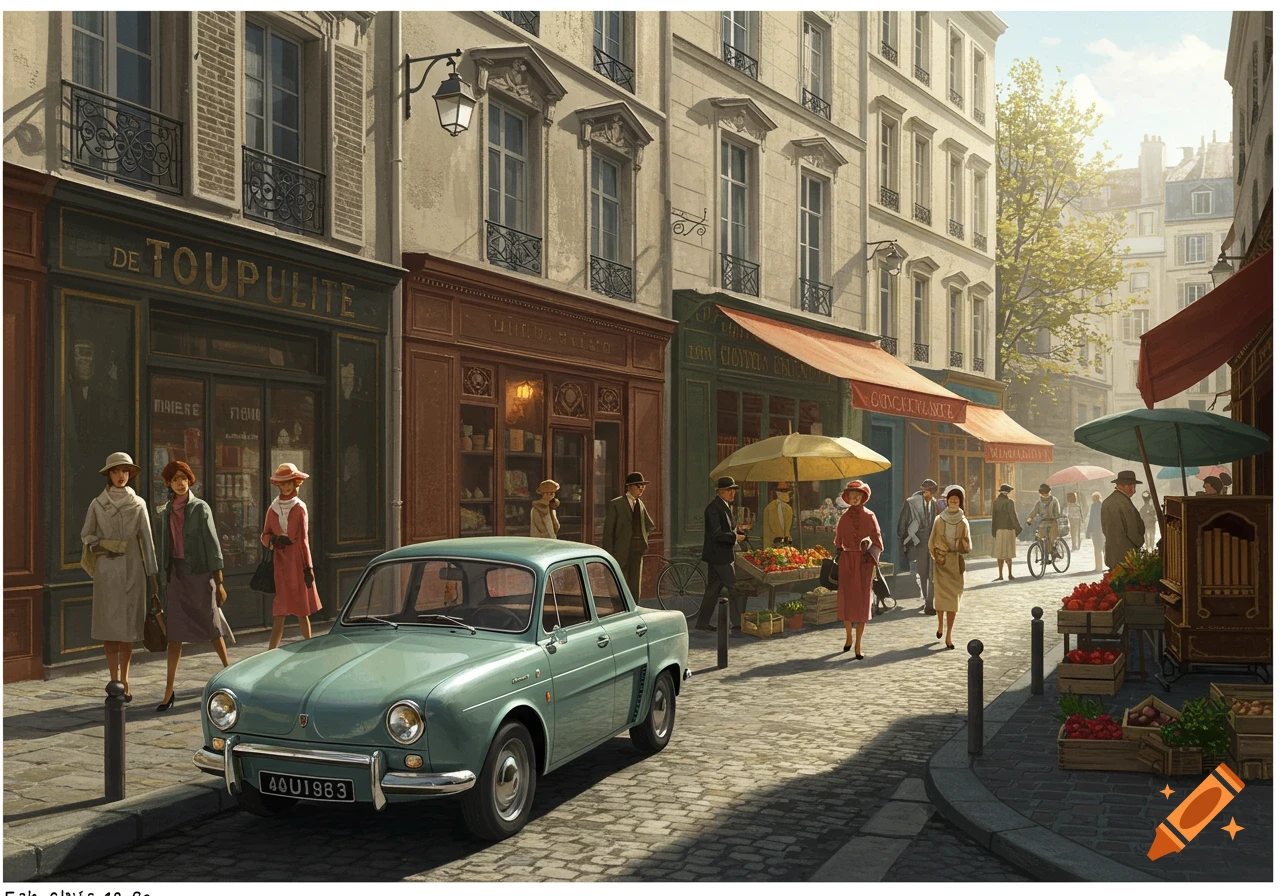 Vintage car on a cobblestone street in a sunny 1960s French city scene with pedestrians and shops.