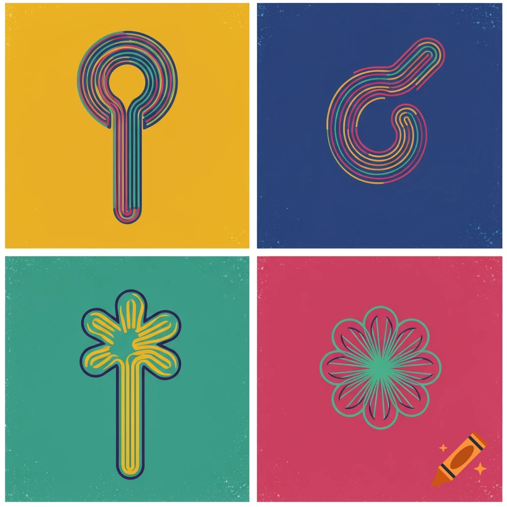 Four abstract geometric shapes made of colorful lines on different colored backgrounds.