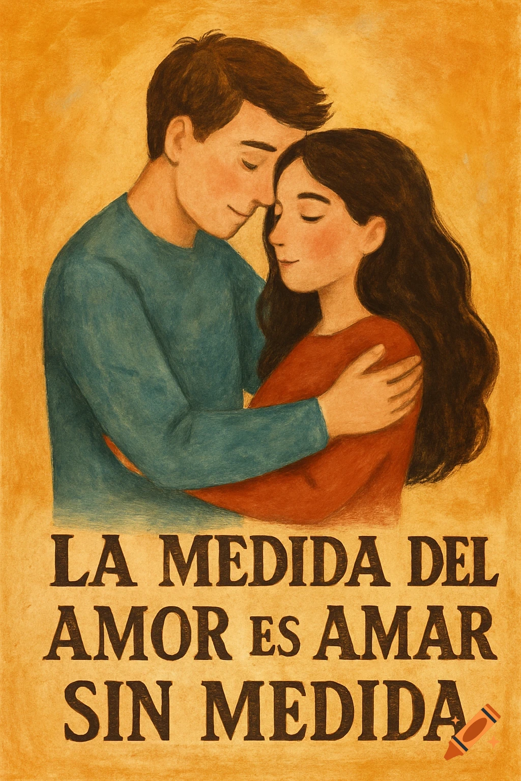 Illustration of a man and woman embracing, with the Spanish text 'LA MEDIDA DEL AMOR ES AMAR SIN MEDIDA' below.