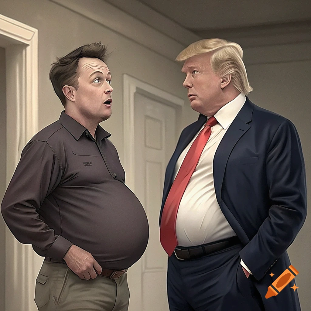 Illustration of Elon Musk with a large belly talking to Donald Trump, who also has a large belly.