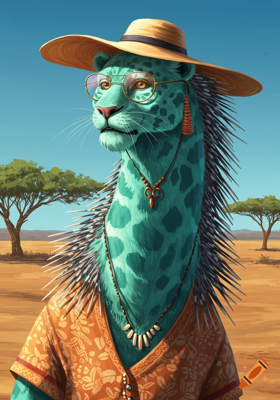 A turquoise big cat with a long neck and porcupine spikes, wearing a hat, sunglasses, and clothes, stands in a savanna.