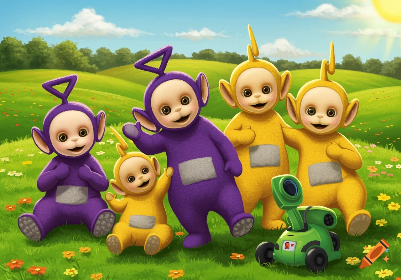 Tinky Winky, Dipsy, Laa-Laa, Po, and Noo-Noo in a sunny, grassy field.