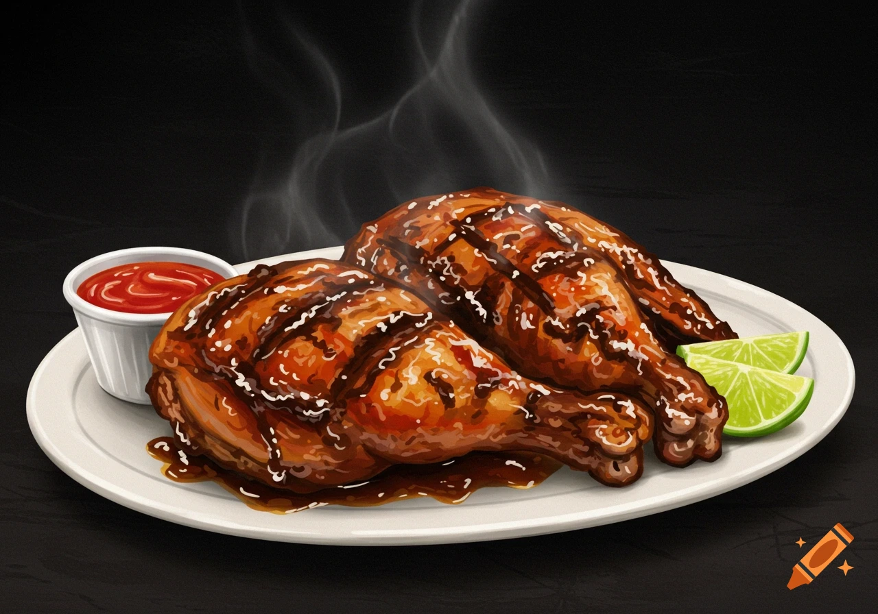 Two pieces of grilled chicken with sauce and lime wedges on a plate, with steam rising.