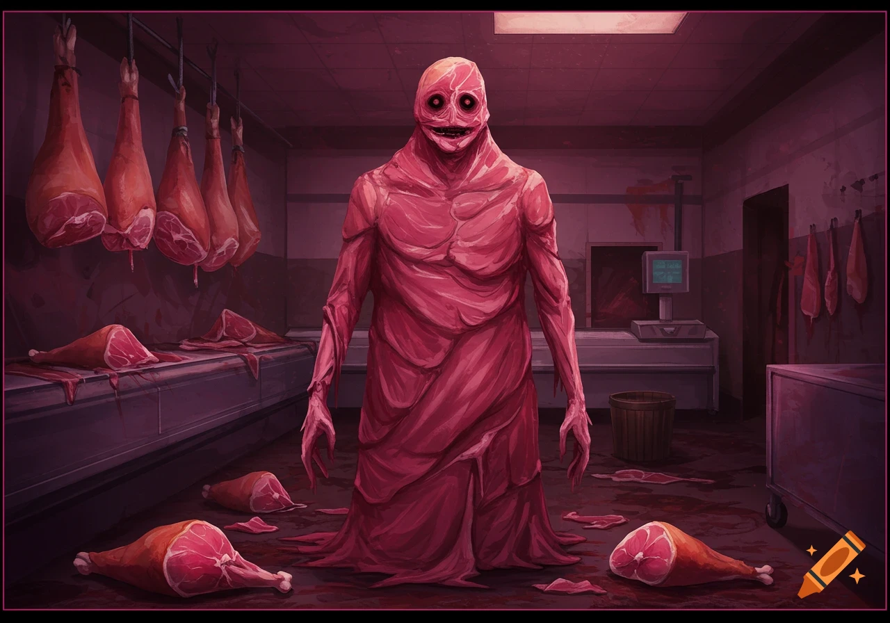 A grotesque creature made of raw meat stands in a butcher shop surrounded by hanging hams and cuts of meat.