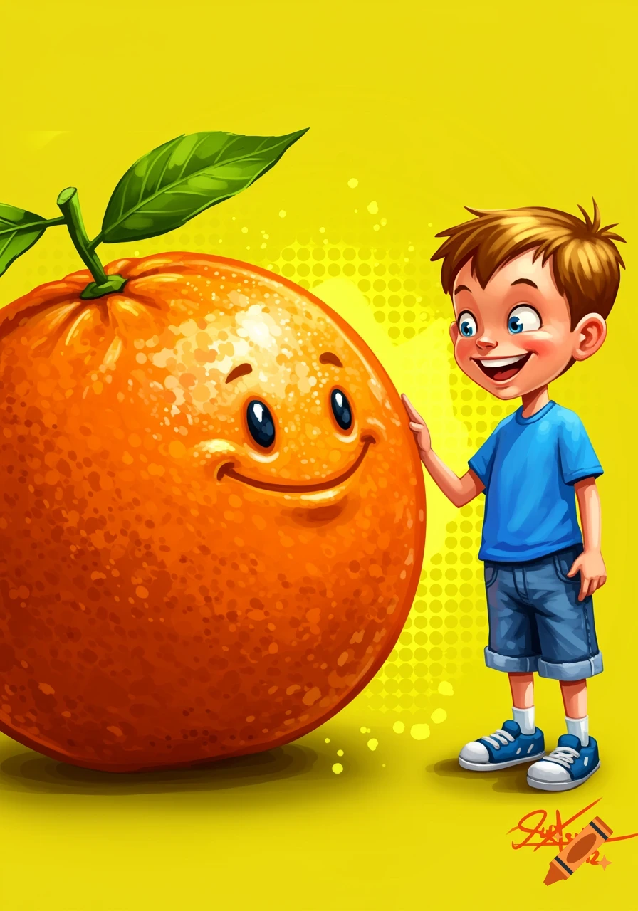 A cartoon illustration of a boy standing next to a large, smiling orange.