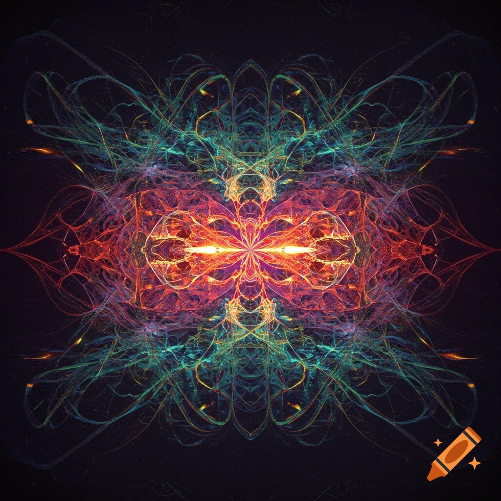 An abstract symmetric pattern of vibrant red, orange, purple, green, and blue glowing fractal lines on a dark background.