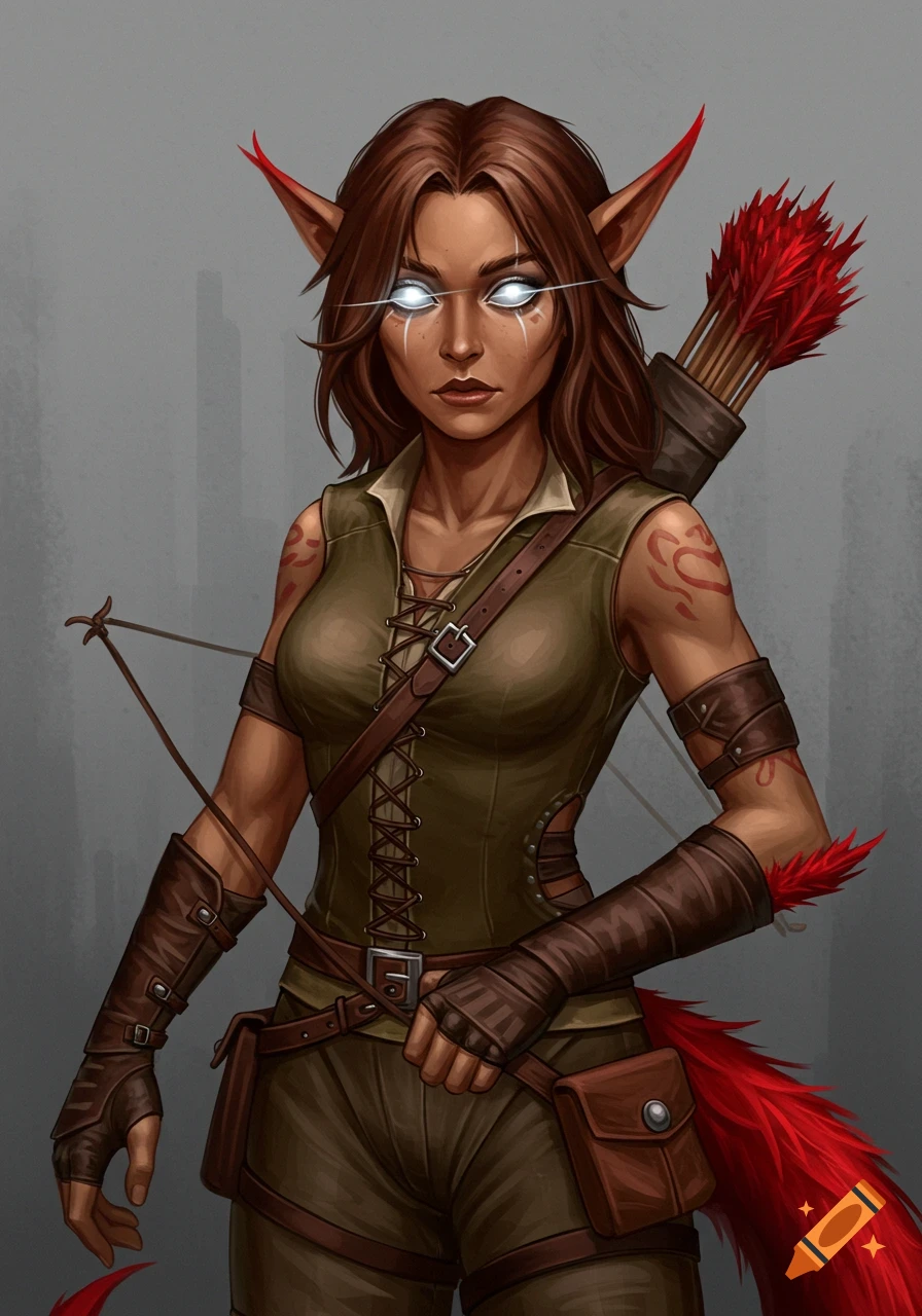 A female Tiefling ranger with glowing white eyes, brown hair, tan skin, a red tail, and archery gear stands ready.