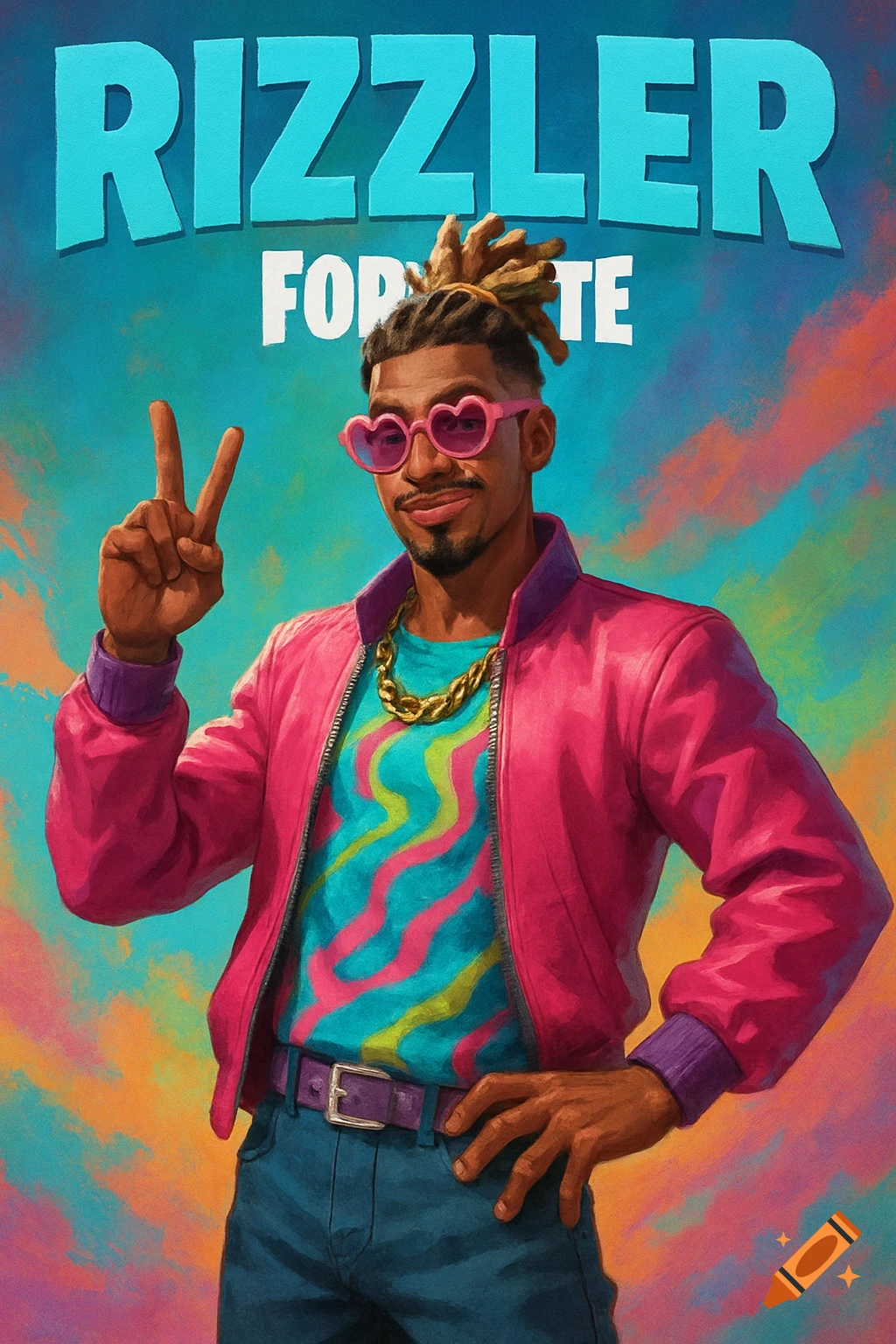 Stylized character with pink jacket, heart sunglasses, and peace sign pose against a colorful background with text.