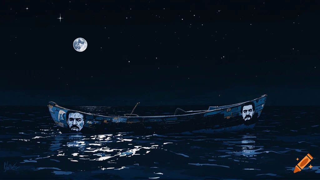 Illustration of a boat with painted faces on the hull floating on the sea at night under a full moon and stars.