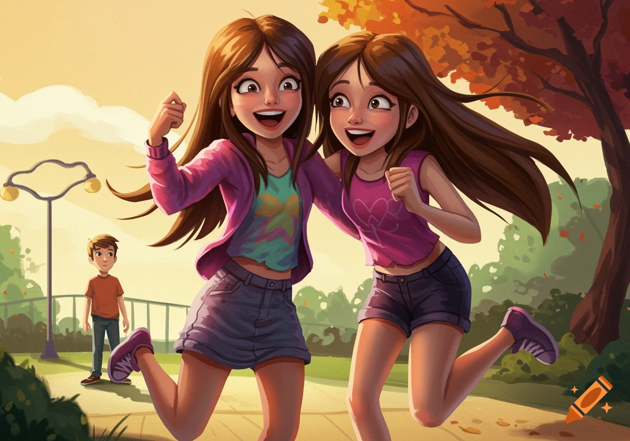 Two smiling young girls run through a park while a boy watches. Illustration.
