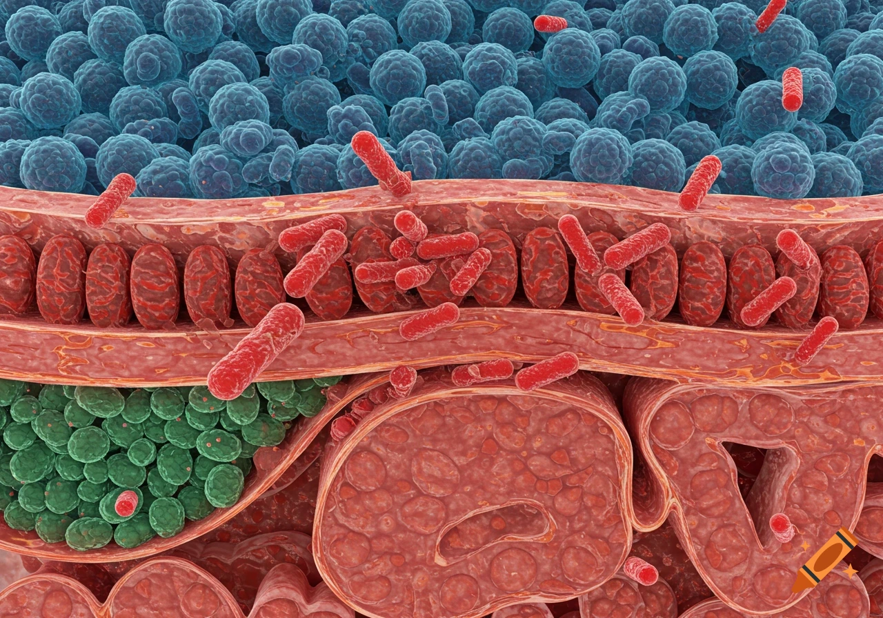 Microscopic view of red rod-shaped bacteria interacting with blue and red cellular structures.