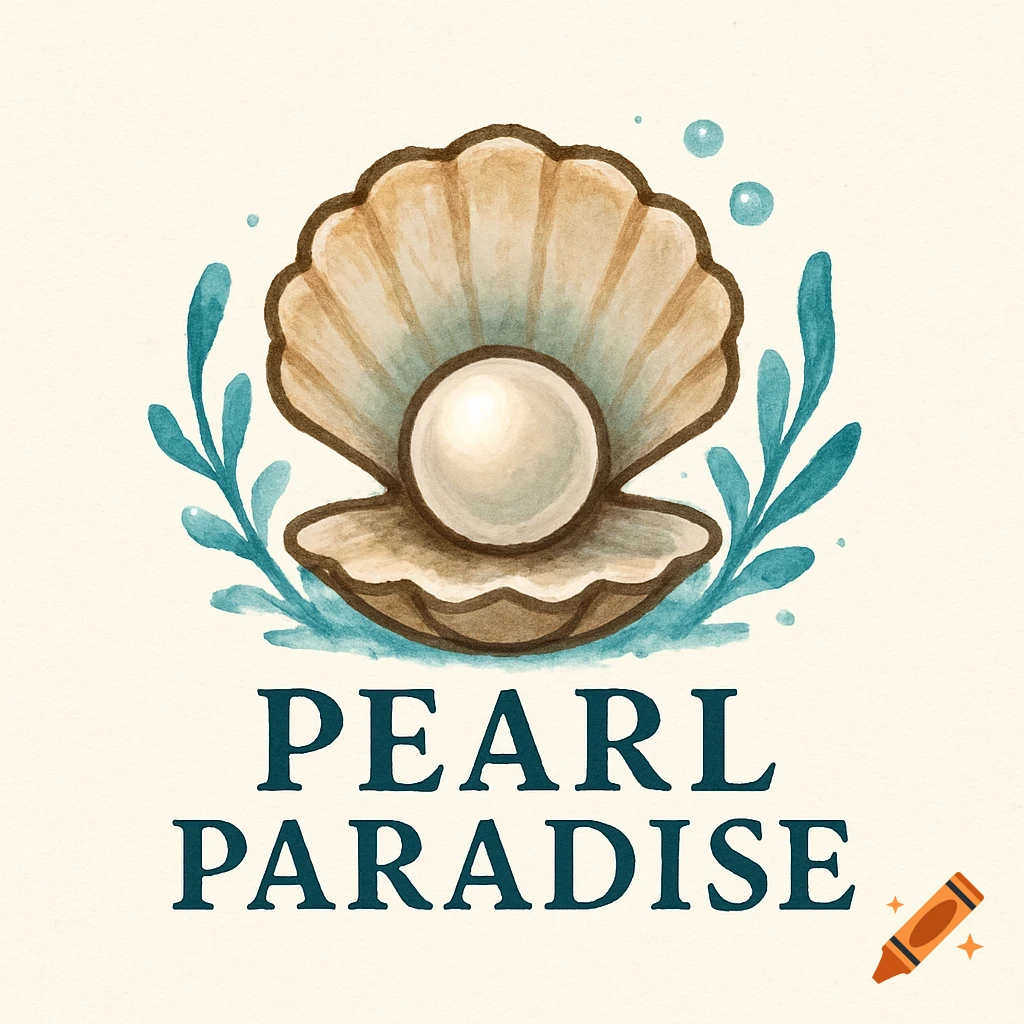 Logo illustration of an open shell with a pearl, seaweed, and bubbles above the text 'Pearl Paradise'.