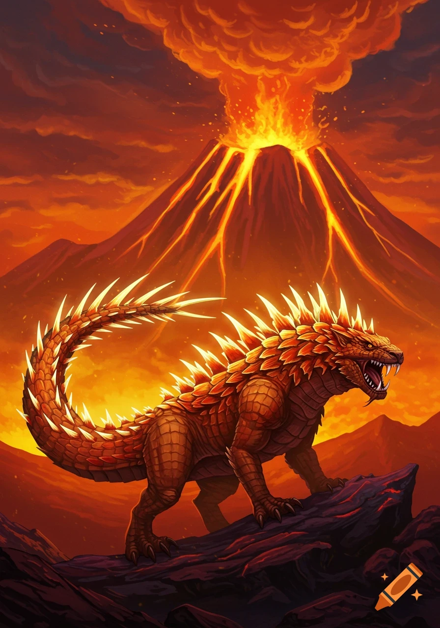Fantasy illustration of a spiky orange creature in front of an erupting volcano.