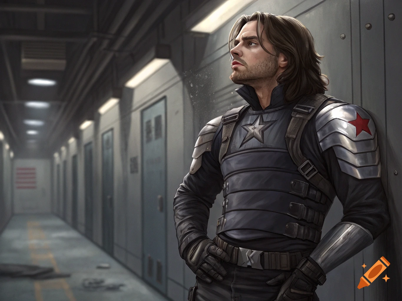 Bucky Barnes in Winter Soldier gear leans against a wall in a hallway.