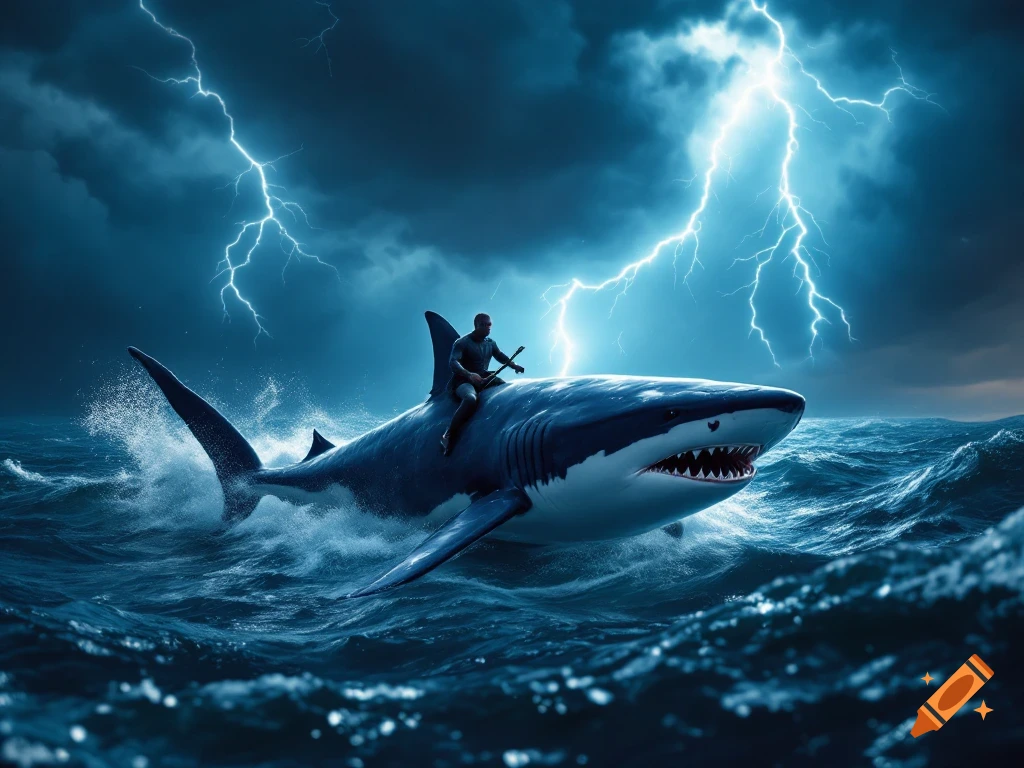 Man riding a shark in a stormy ocean with lightning strikes overhead.