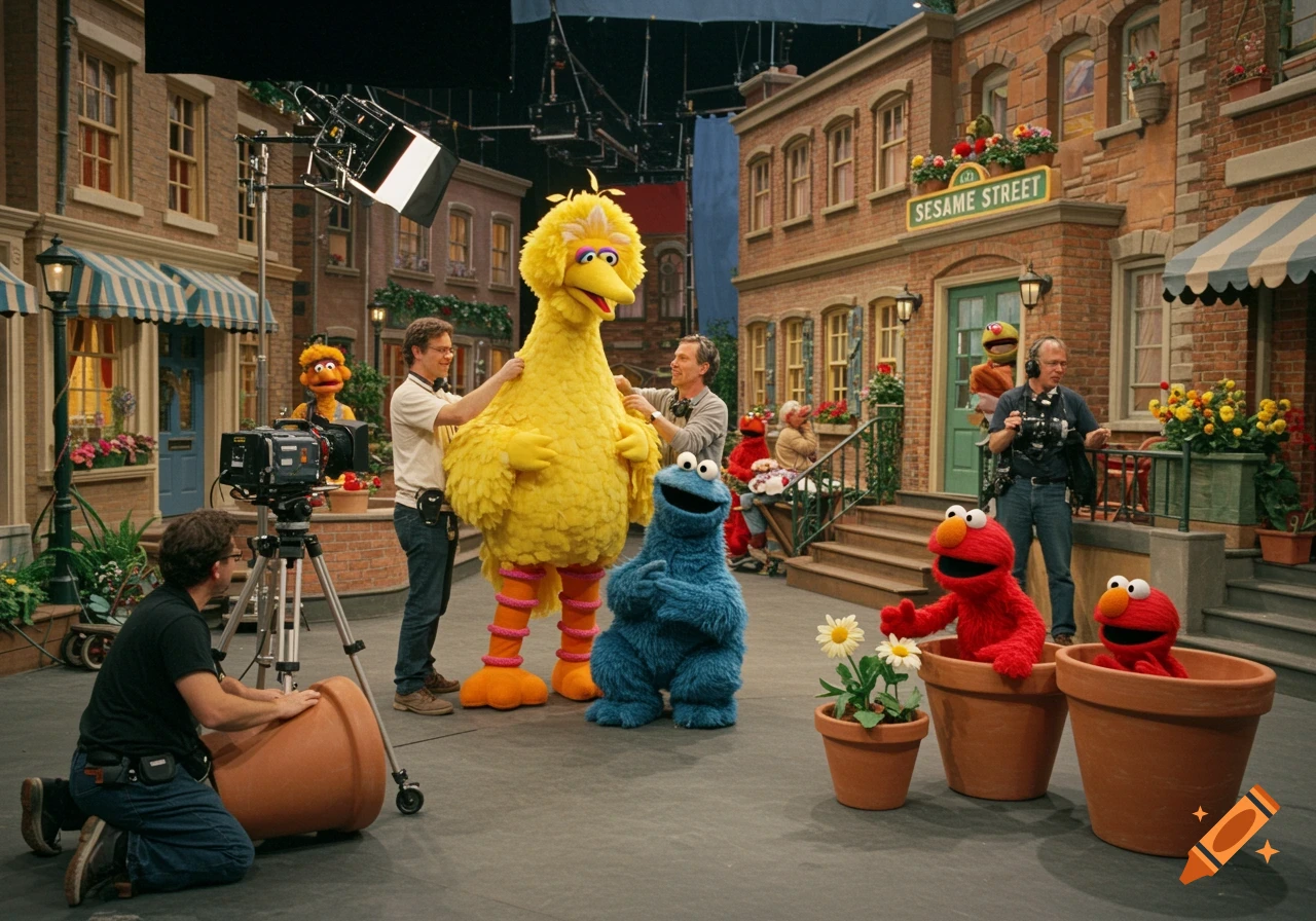 Behind the scenes on the Sesame Street set with Big Bird, Cookie Monster, Elmo, and camera crew.