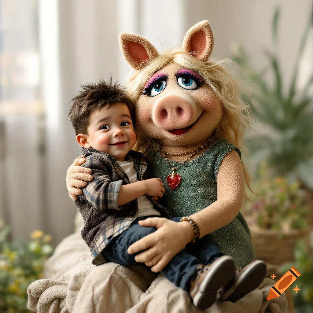 Miss Piggy hugging a young boy