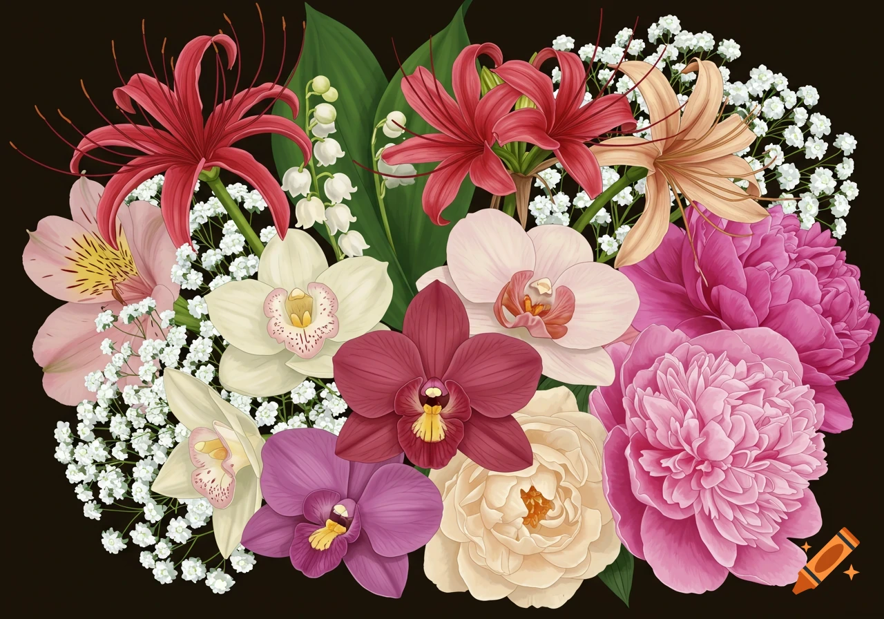 Illustration of a bouquet with red spider lilies, white lilies of the valley, orchids, pink peonies, and baby's breath.