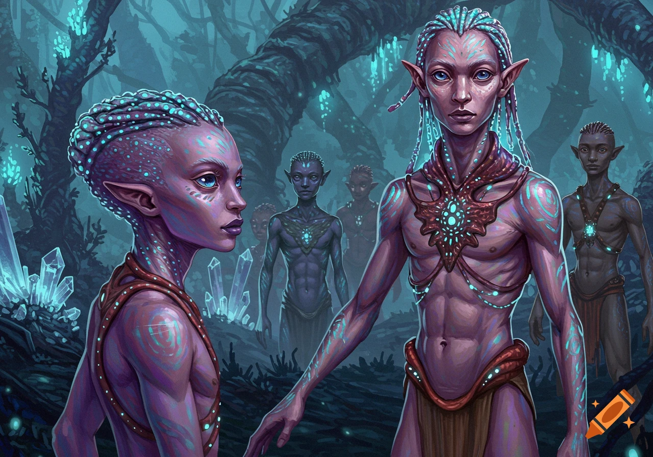 Alien humanoids in a bioluminescent forest