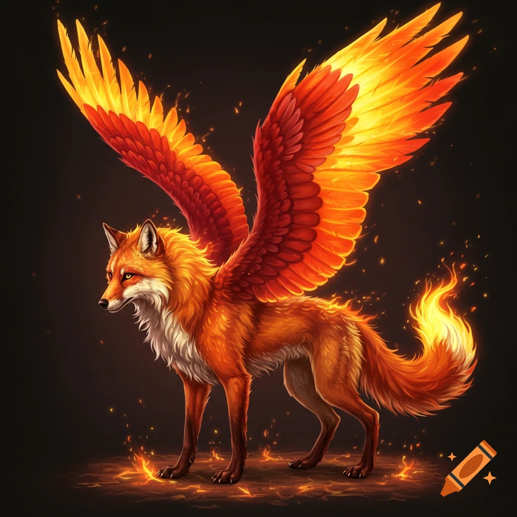 A fiery orange fox-like creature with large phoenix wings stands on a dark background.