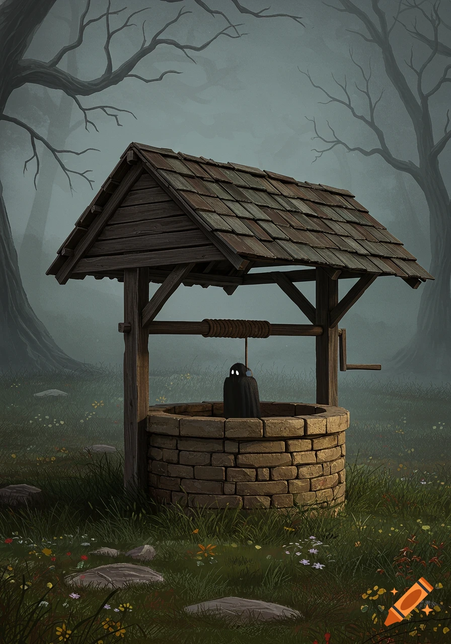 An illustration of a covered well in a spooky forest with a small, dark figure inside.