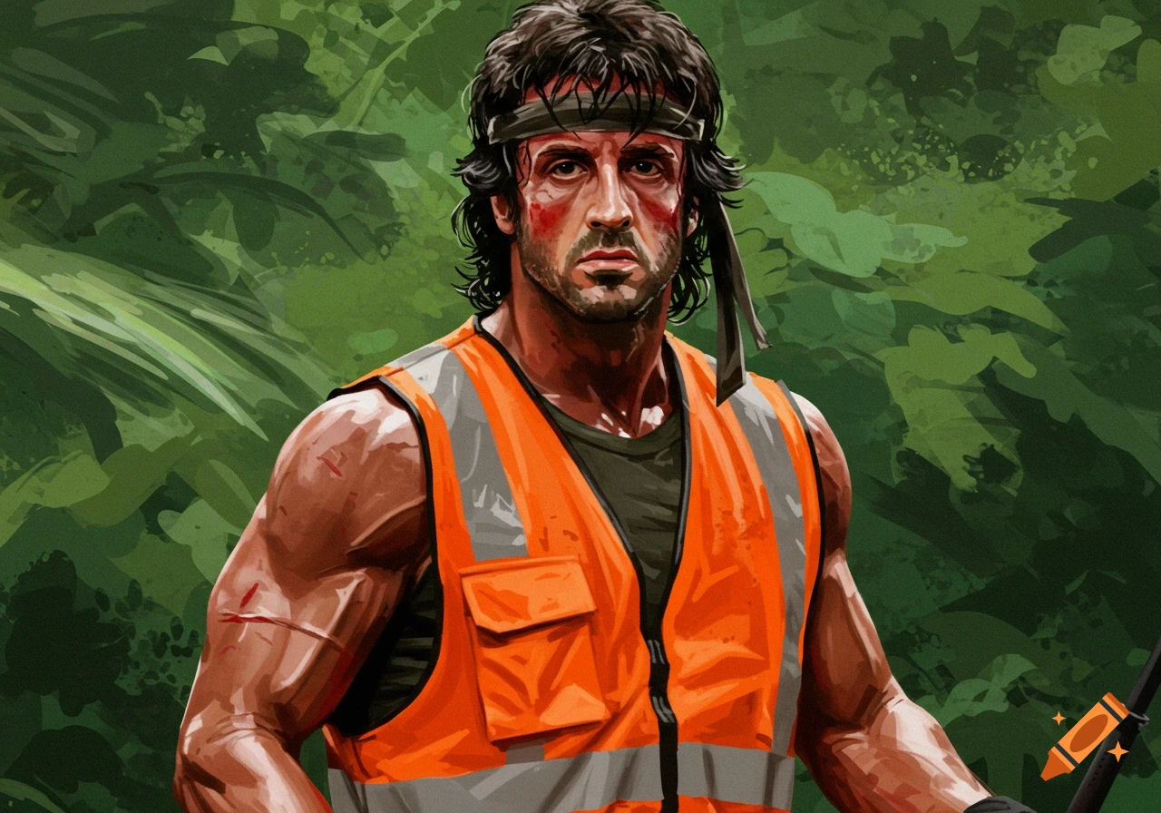 Digital art of Rambo in an orange safety vest