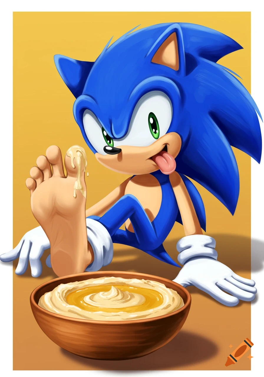 Cartoon illustration of Sonic the Hedgehog dipping his bare foot in a bowl of hummus with his tongue out.