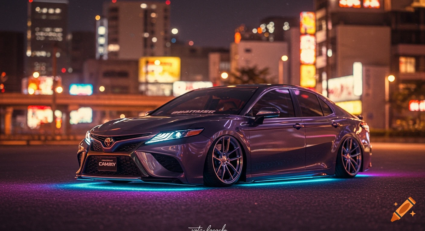 Modified gray Toyota Camry with RGB underglow parked in a Japanese night city with neon lights.