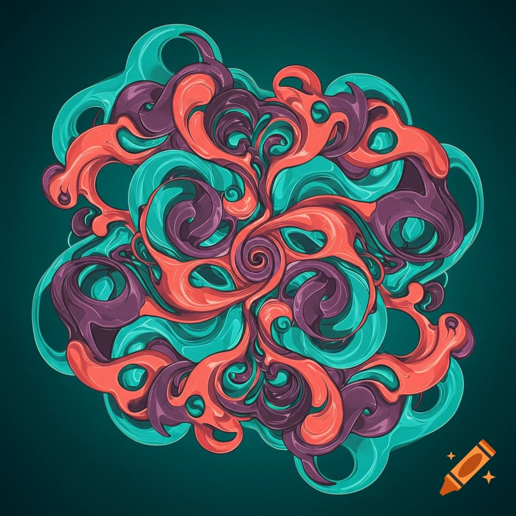 An abstract pattern of swirling organic shapes in orange, purple, and teal.