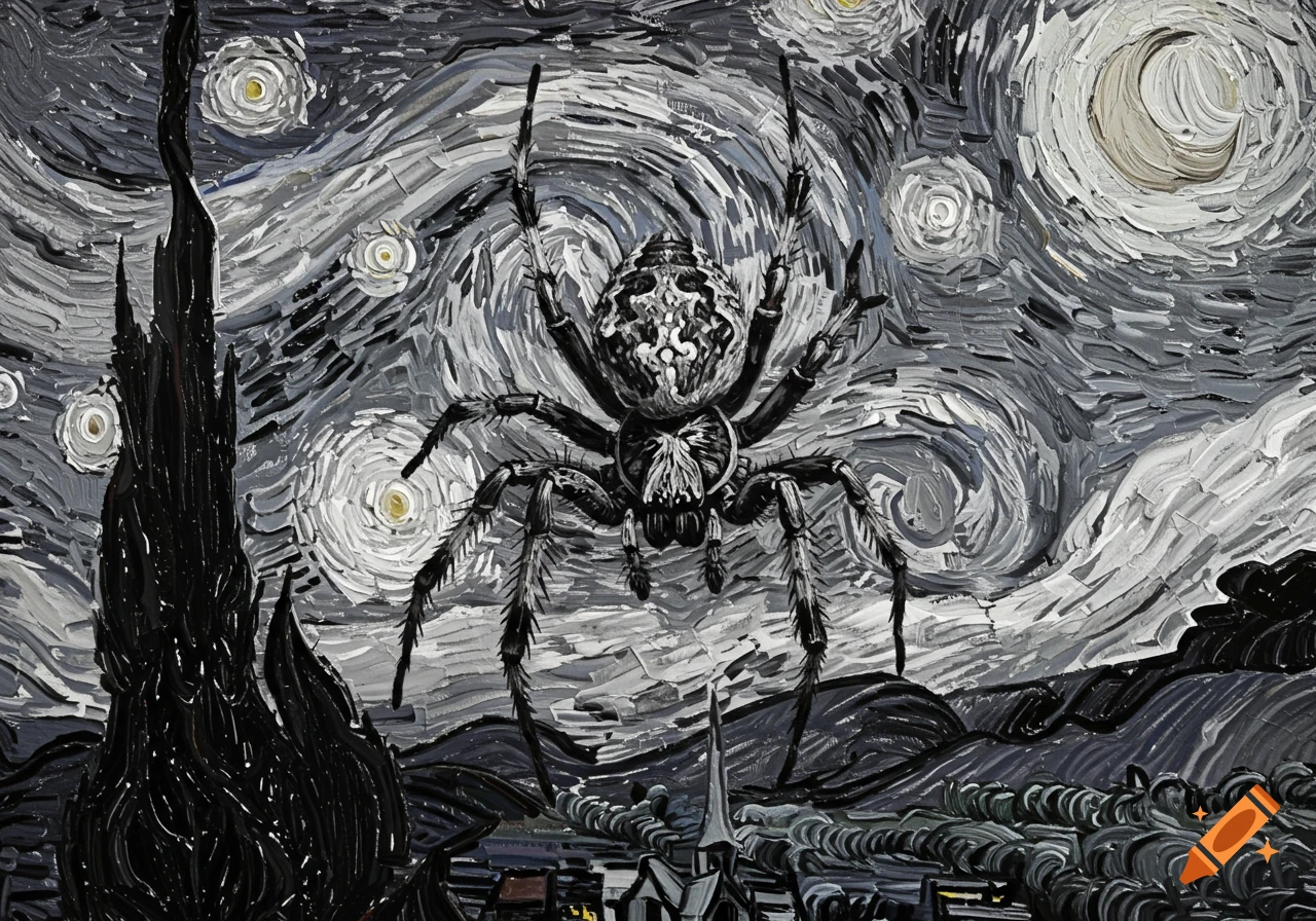 A spider in the swirling, brushstroke style of Vincent Van Gogh's Starry Night.