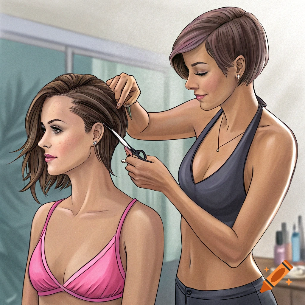 Illustration of one woman cutting the hair of another woman wearing a pink bikini top.