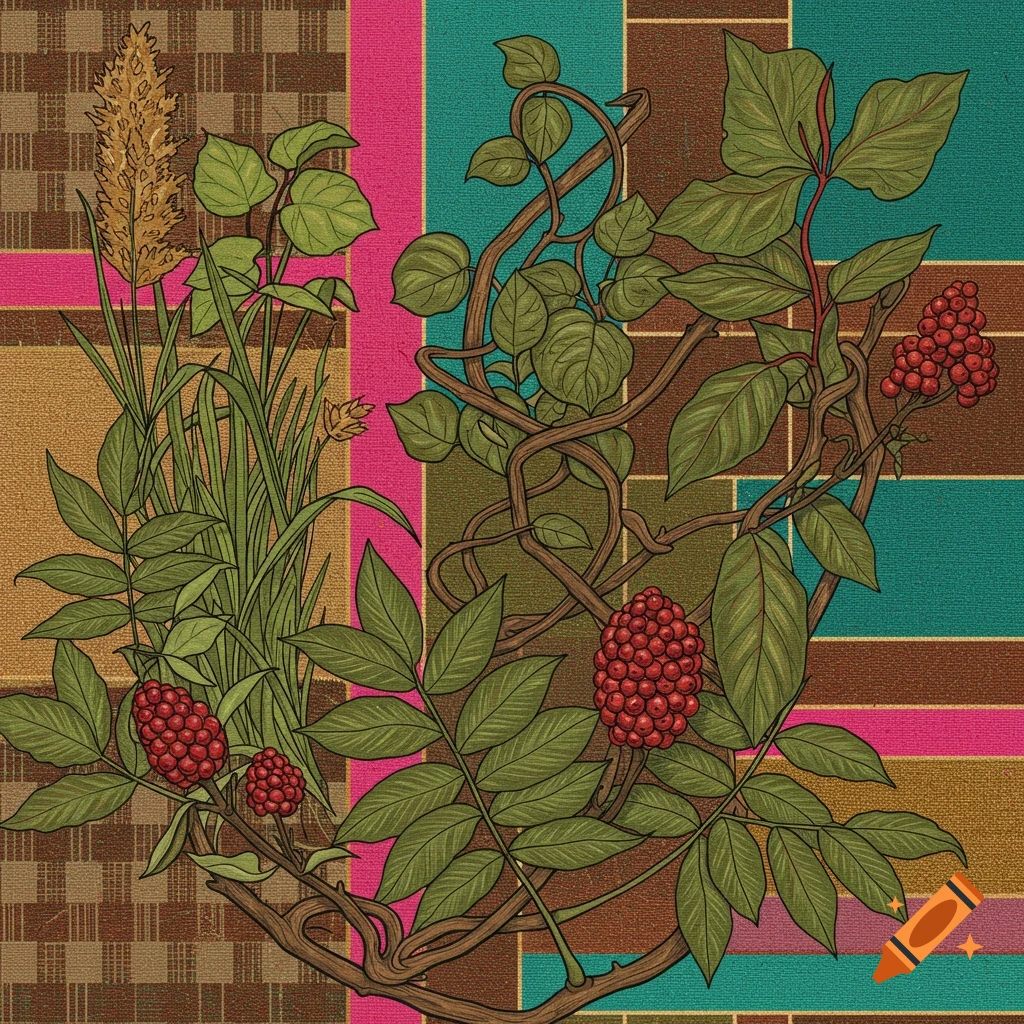 South American folk art illustration of intertwined plants like sumac and phragmites against geometric patterns.
